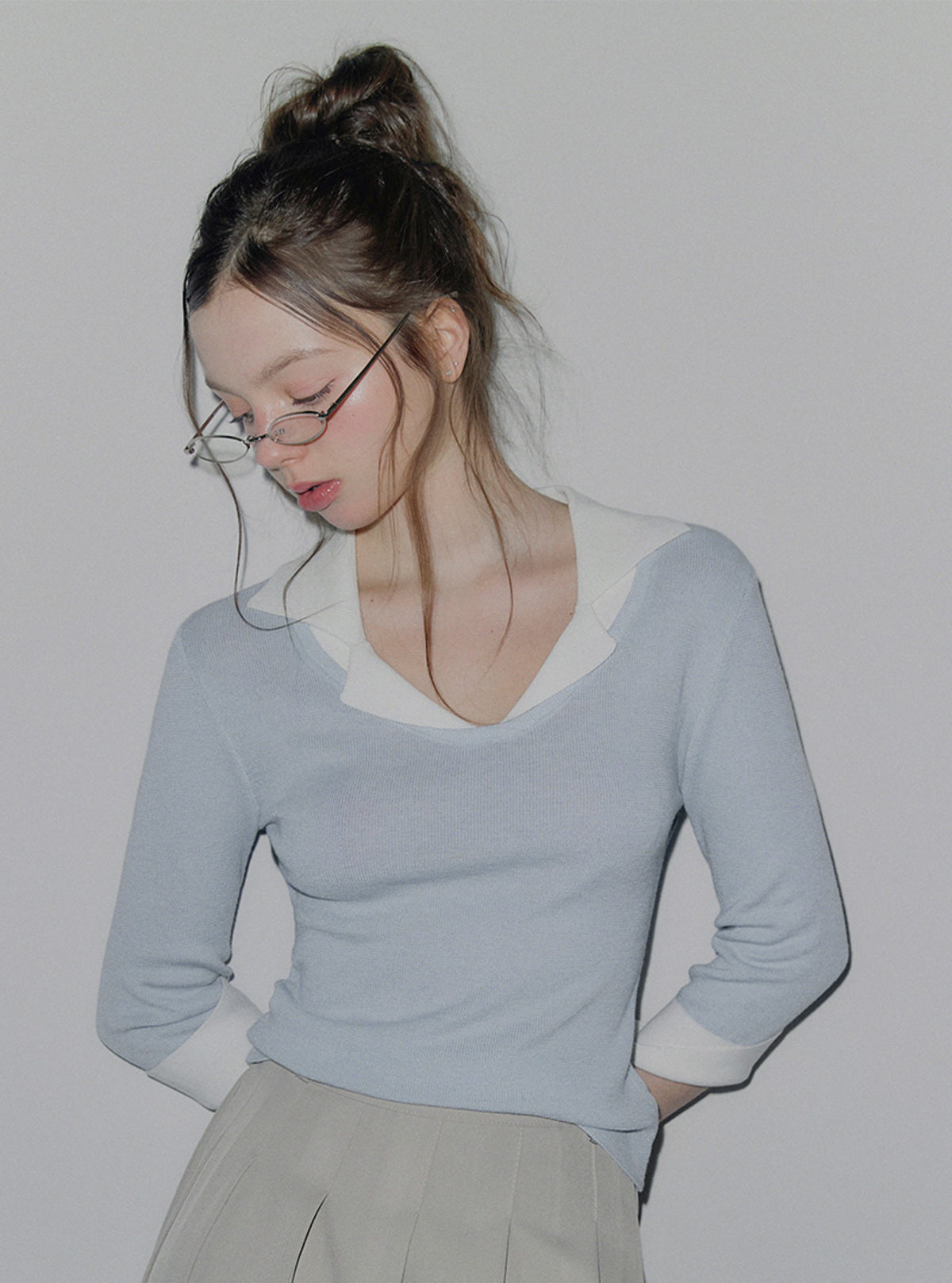 Bellon Contrast Collar Three-Quarter Sleeve Knit