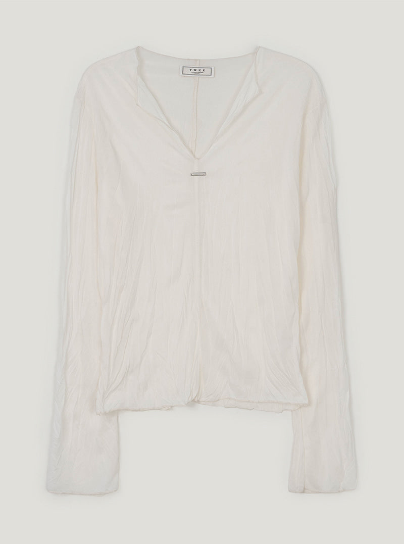 Telon wrinkle V-neck long sleeve T-shirt | Cream cutout
