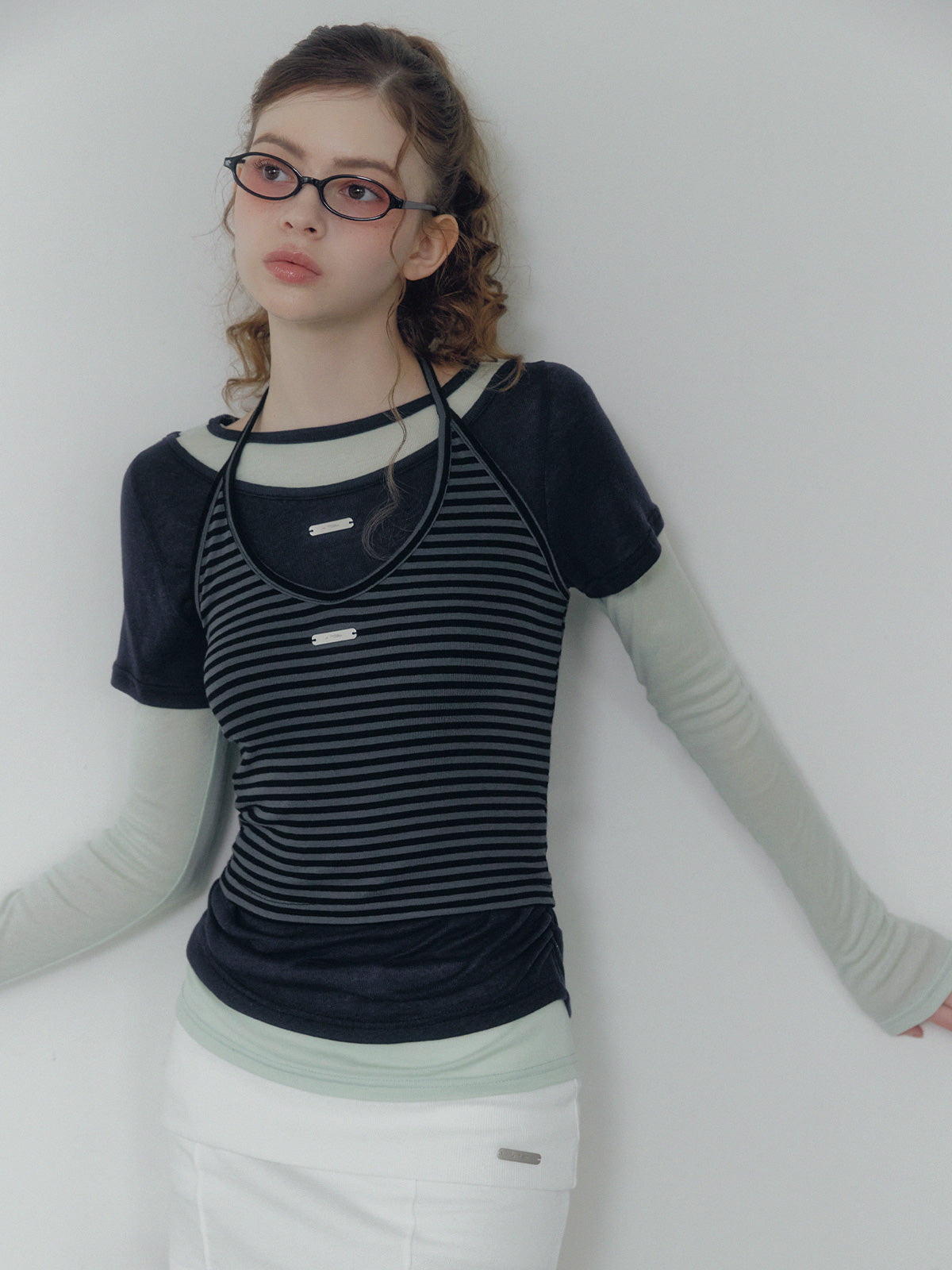 Lett contrast layered shirring long sleeve t-shirt