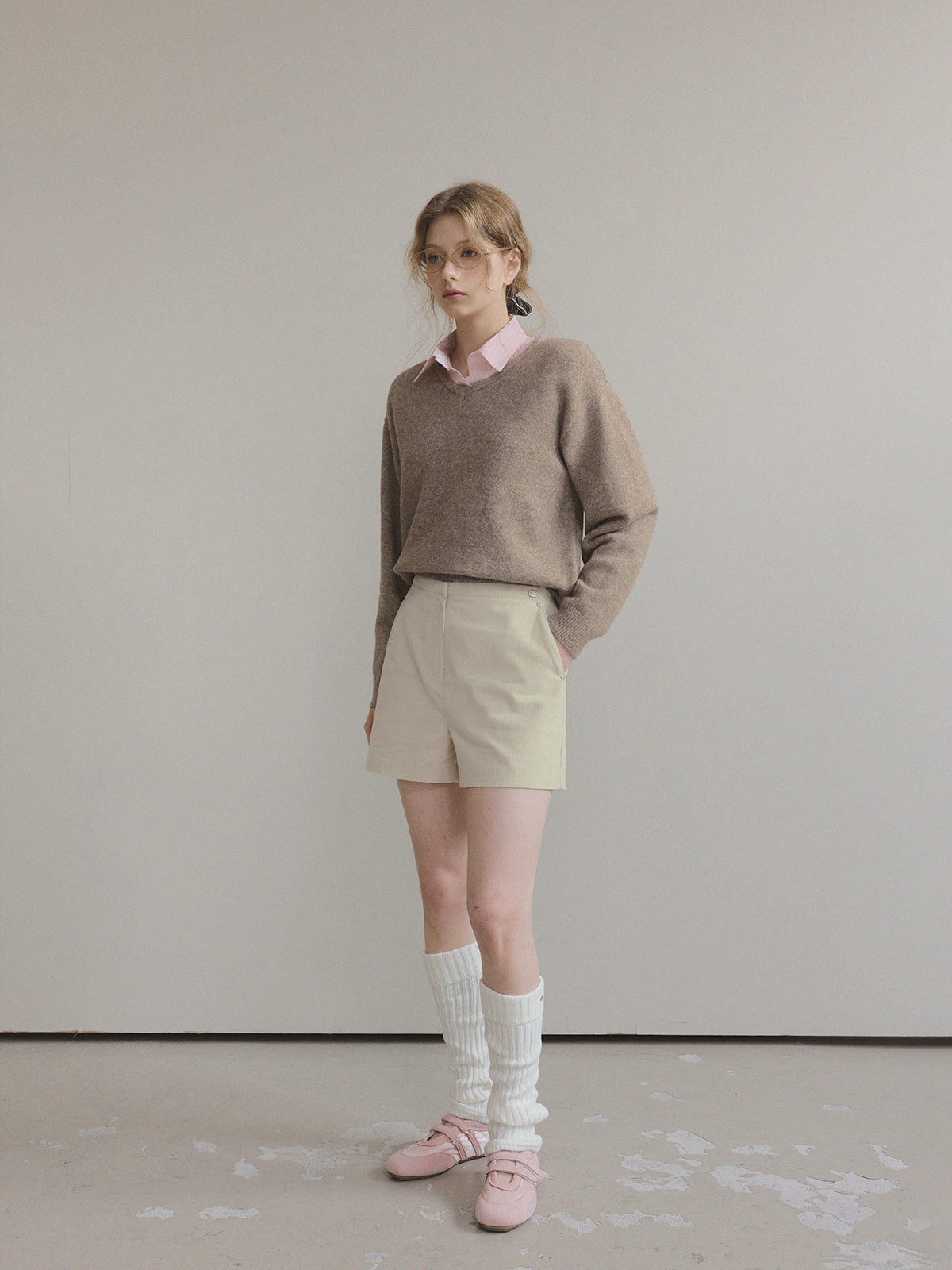 Twill Basic V-Neck Long Sleeve Knit