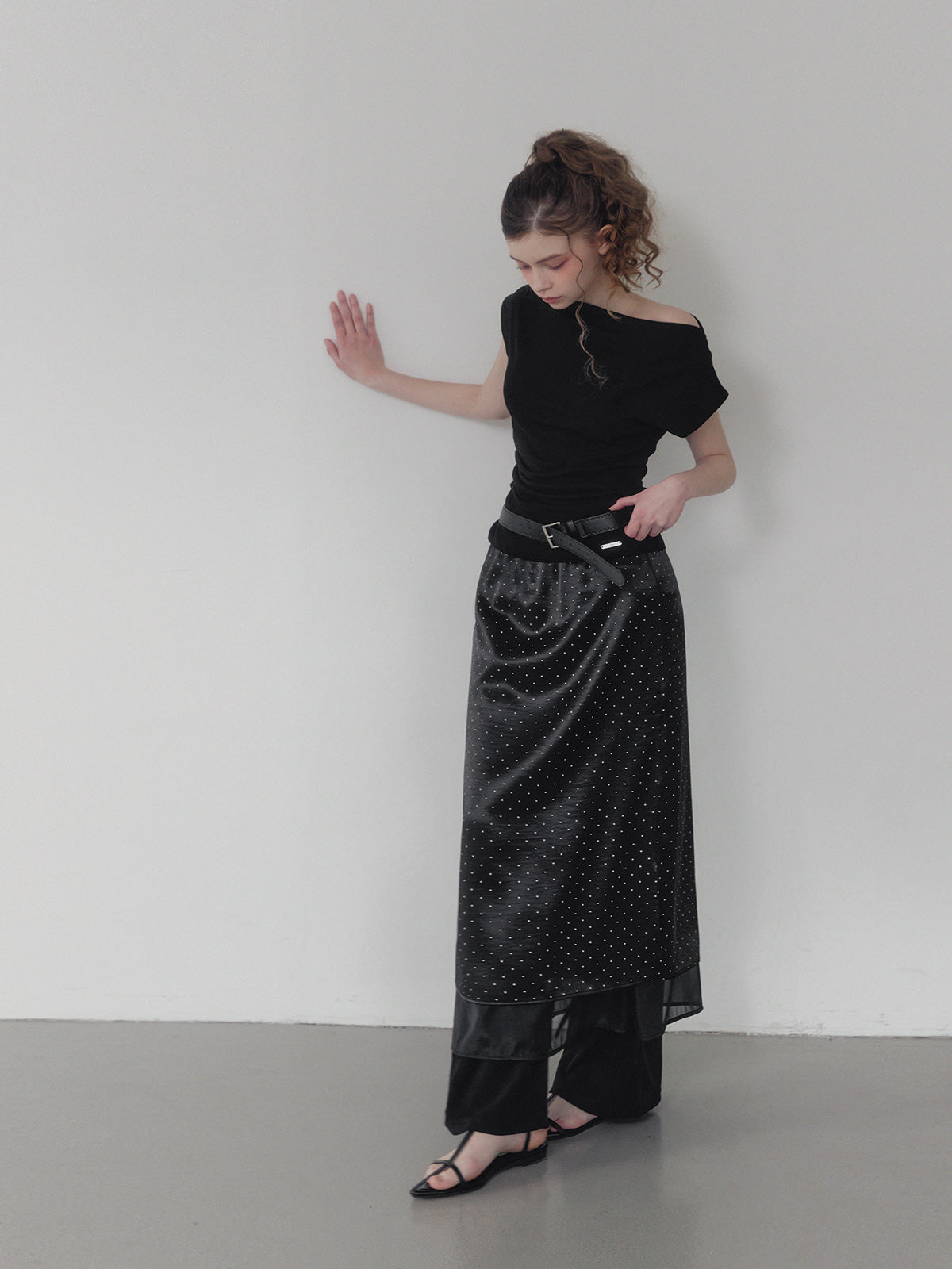 Purd dot layered banding long skirt