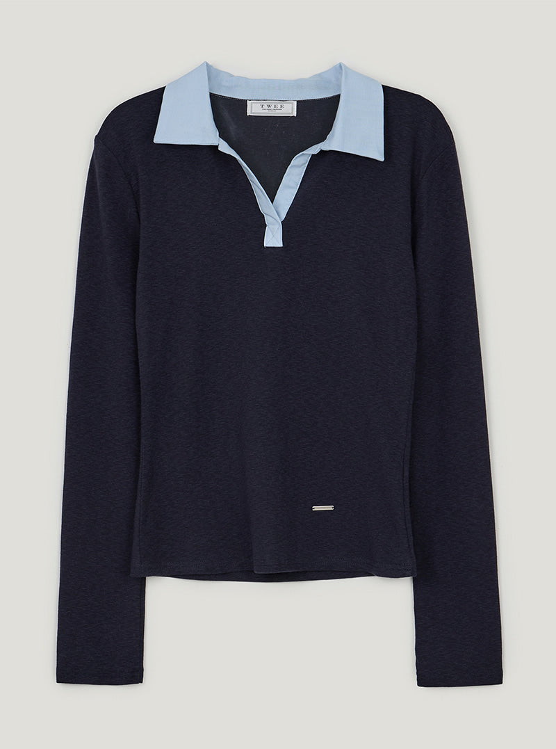 TWEE Tesher collar contrast long sleeve T-shirt | Navy product-only view