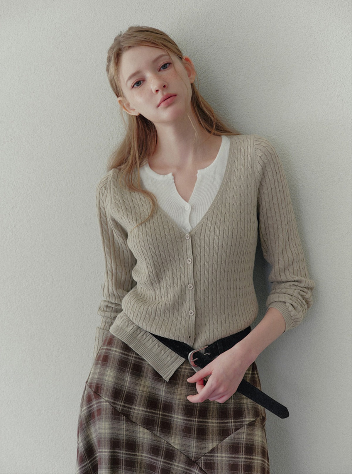 Pet contrast layered cable knit long sleeve cardigan | Main