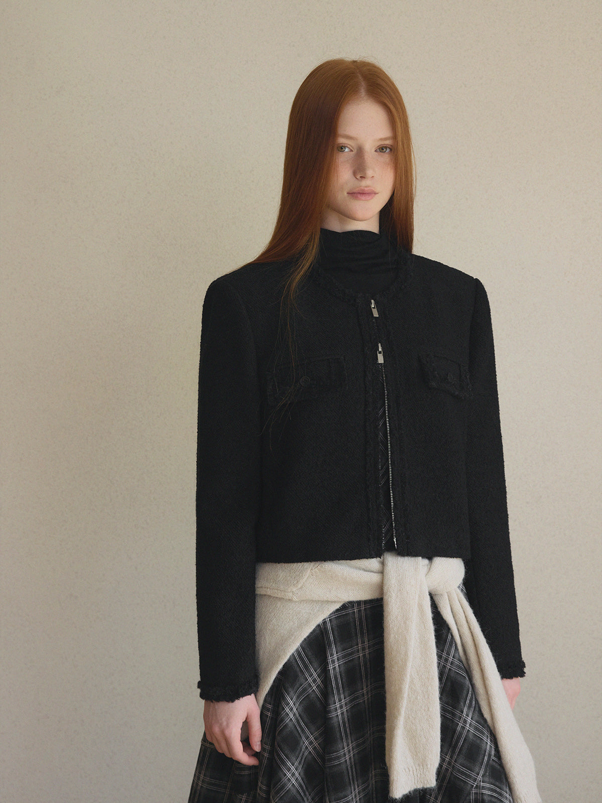 Ephons Zipper Crop Tweed Jacket