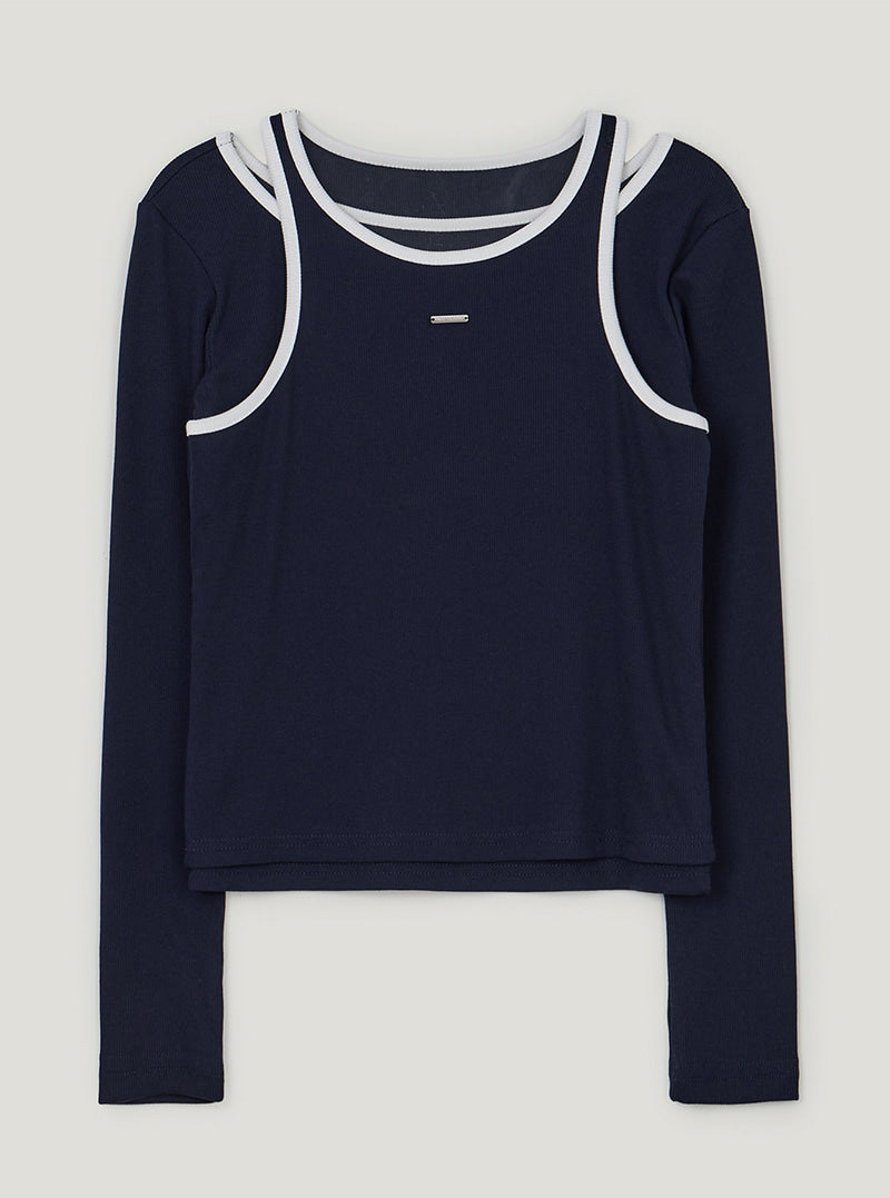 TWEE Roizen contrast sleeveless long sleeve T-shirt set | Navy product-only view
