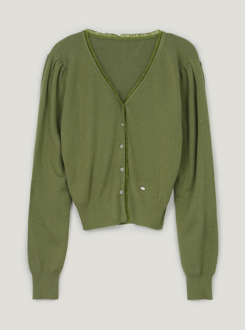 TWEE Derit lace layered V-neck knit long sleeve cardigan | Olive product-only view