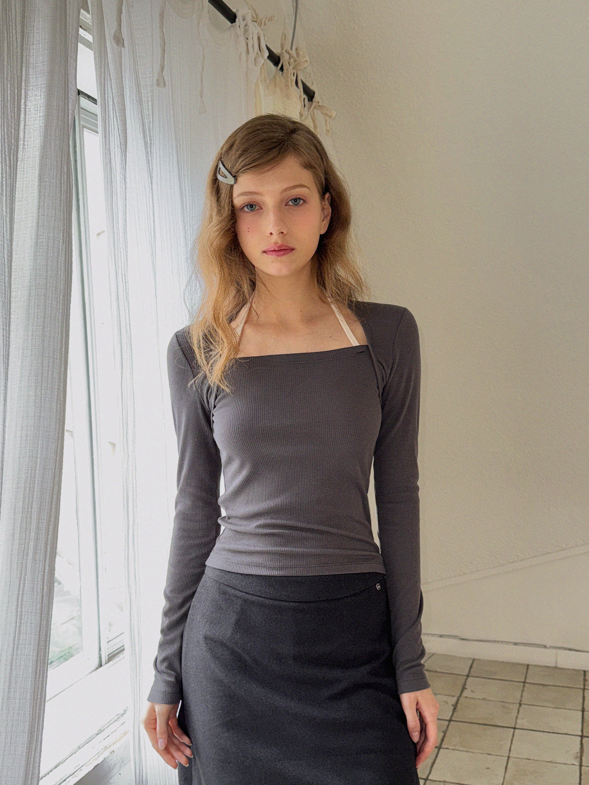 Vented Halter Contrast Strap Long-Sleeve T-Shirt
