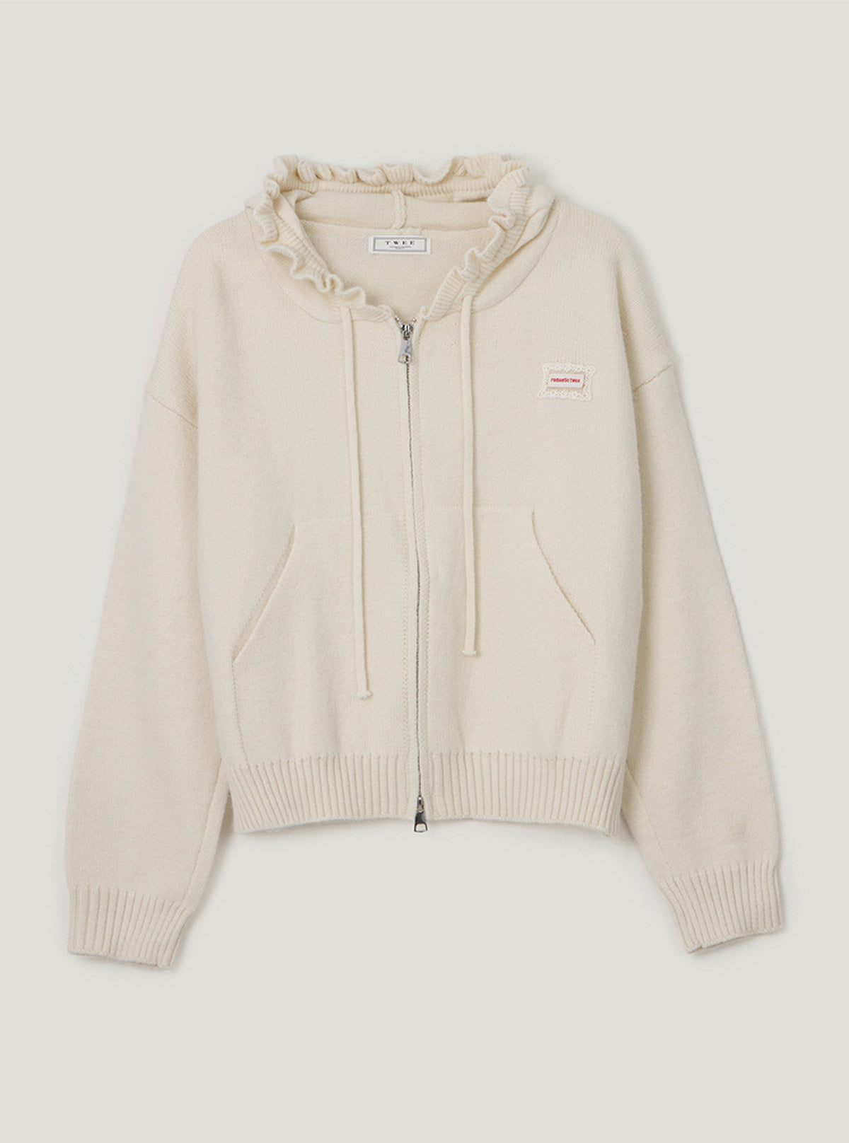 TWEE Berle wave hood long sleeve knit zip-up | Ivory product-only view