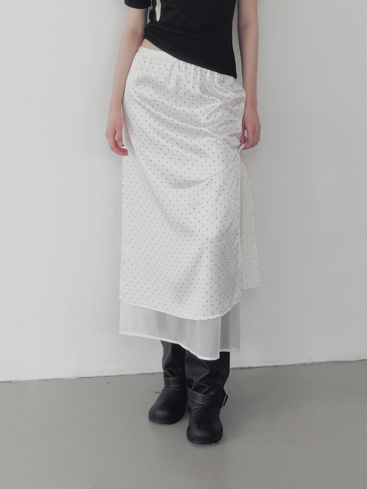 Purd dot layered banding long skirt