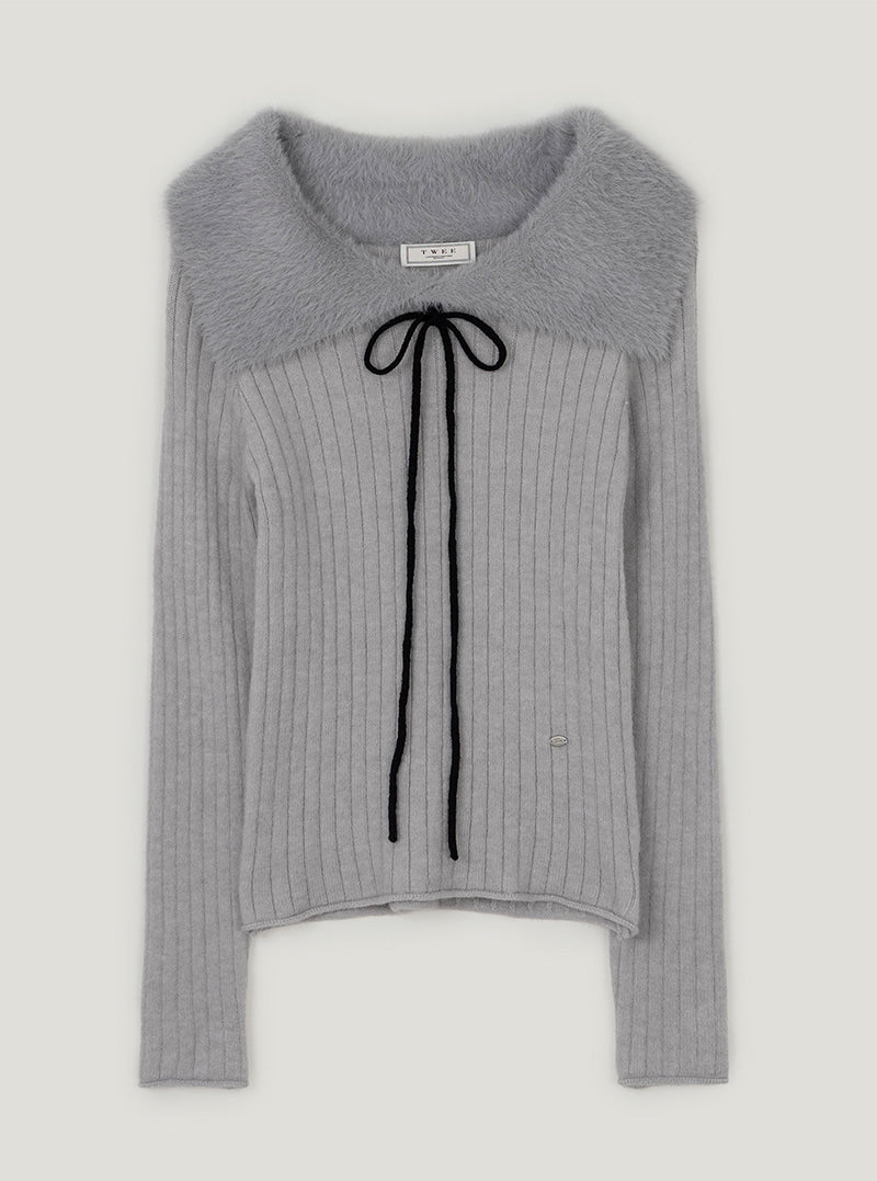 Bins fur contrast off-shoulder strap long sleeve knit | Gray cutout