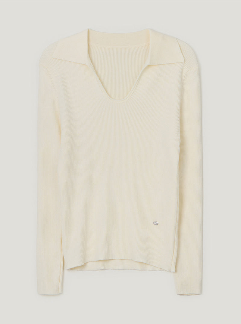TWEE Ejeun open collar U-neck long sleeve knit | Ivory product-only view
