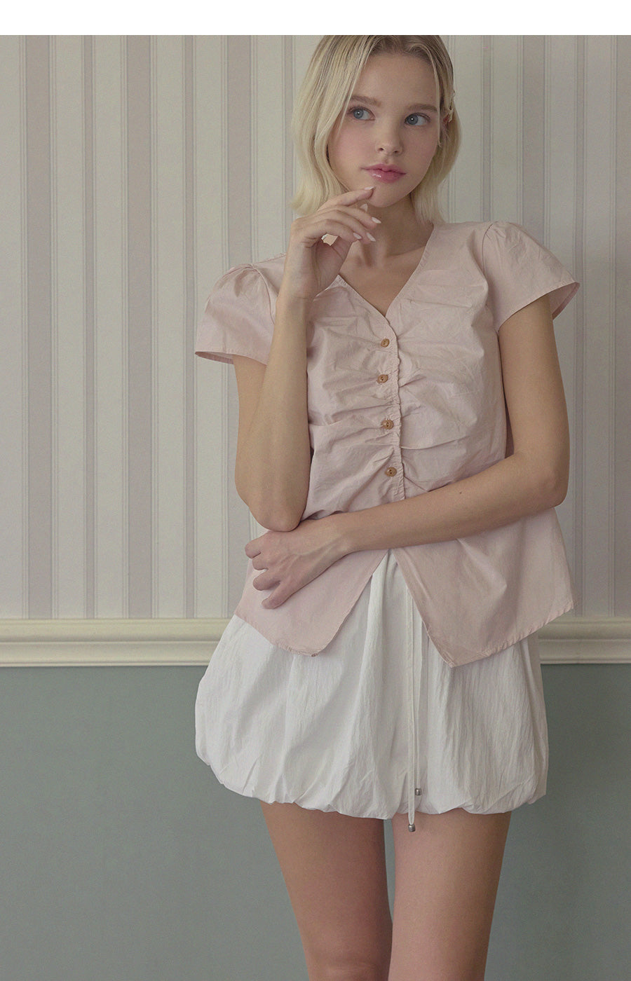 Witty Button Shirring Blouse