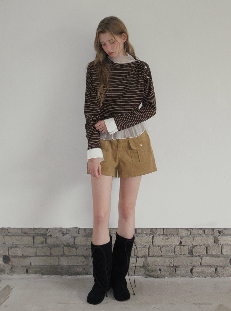 TWEE Ribol shirt contrast button stripe long sleeve T-shirt | Product styling view 6
