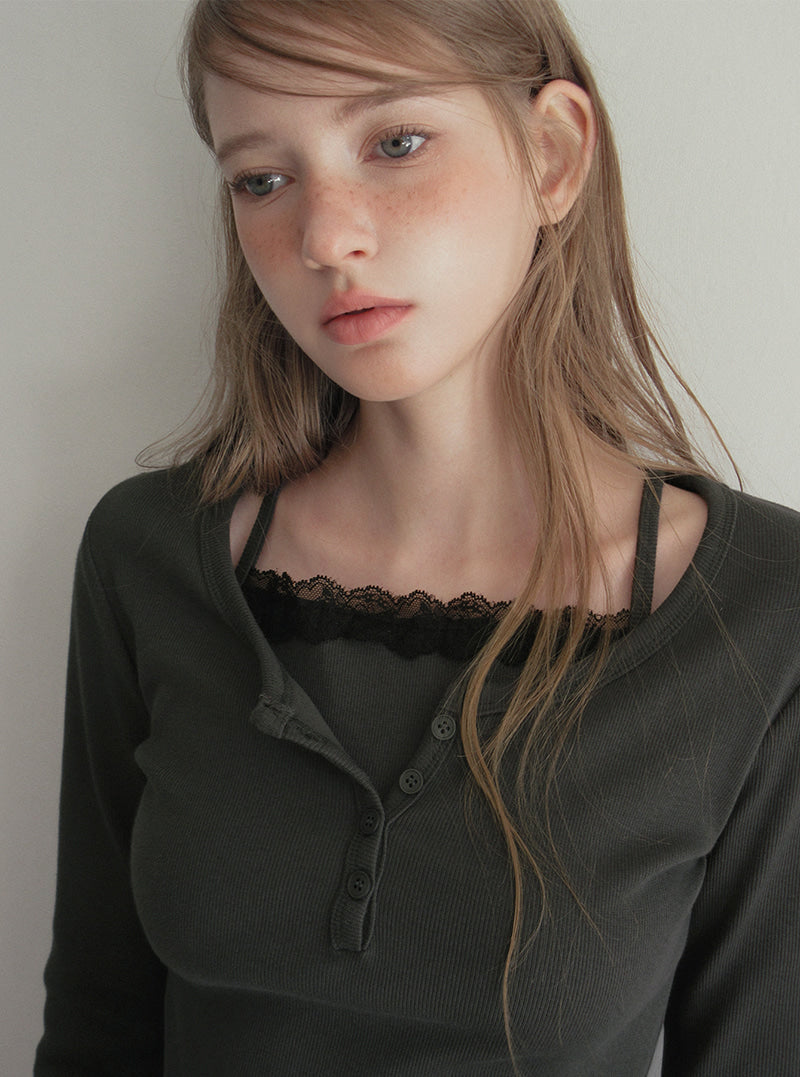 TWEE Martin lace contrast button long sleeve T-shirt | Product styling view 4