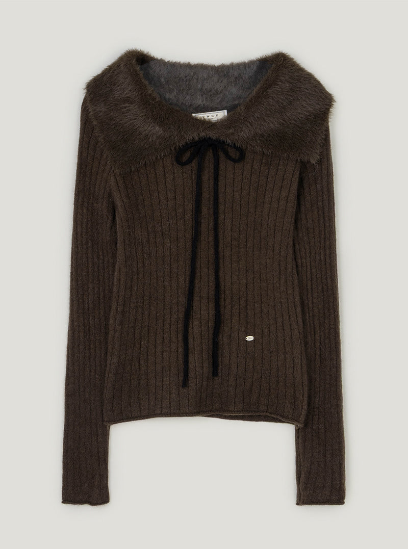 Bins fur contrast off-shoulder strap long sleeve knit | Brown cutout
