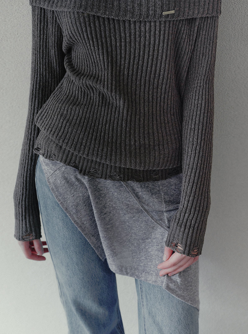 Kaen vintage distressed off-shoulder long sleeve knit | View 6