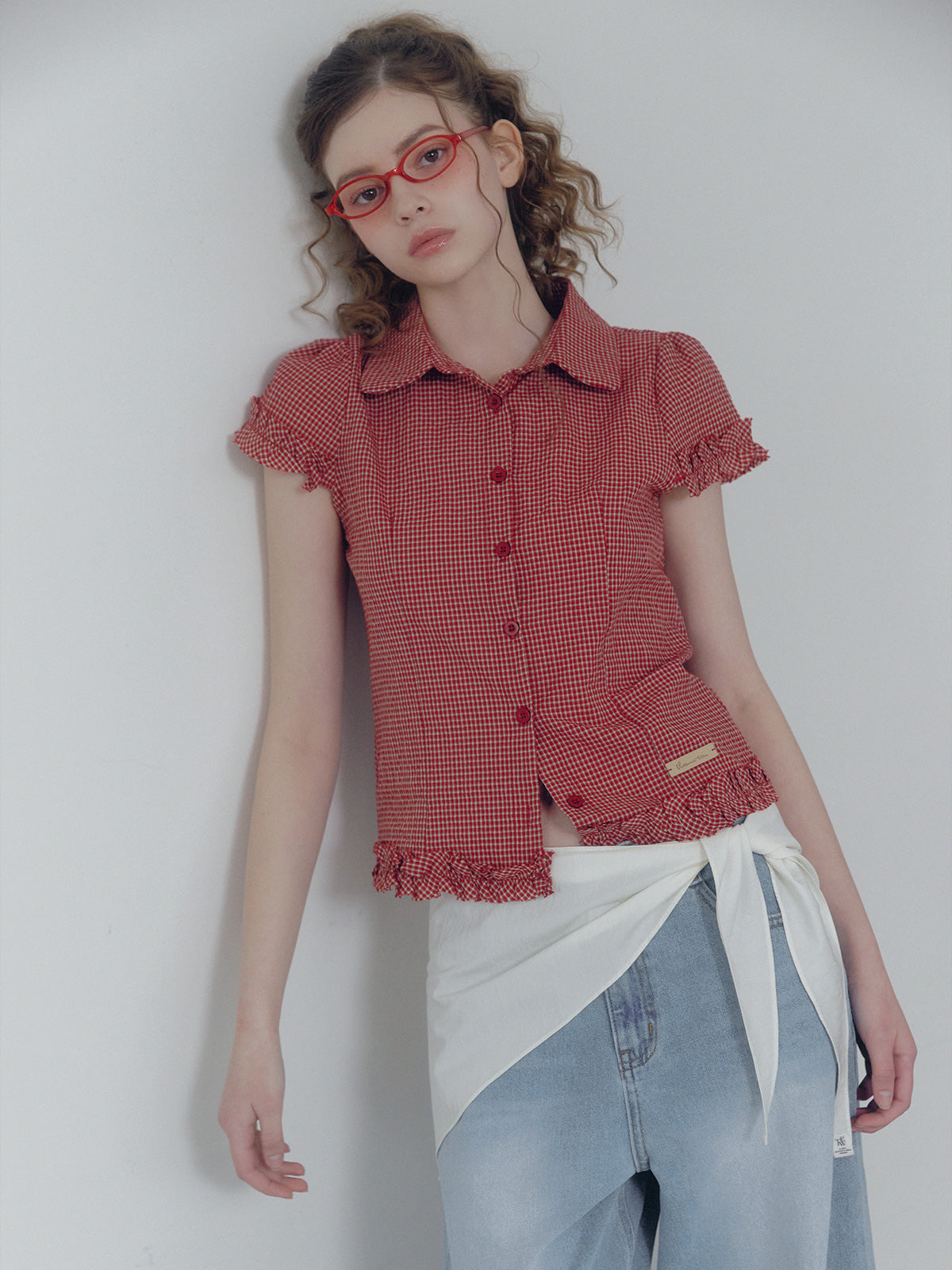 Roel check frill short sleeve blouse