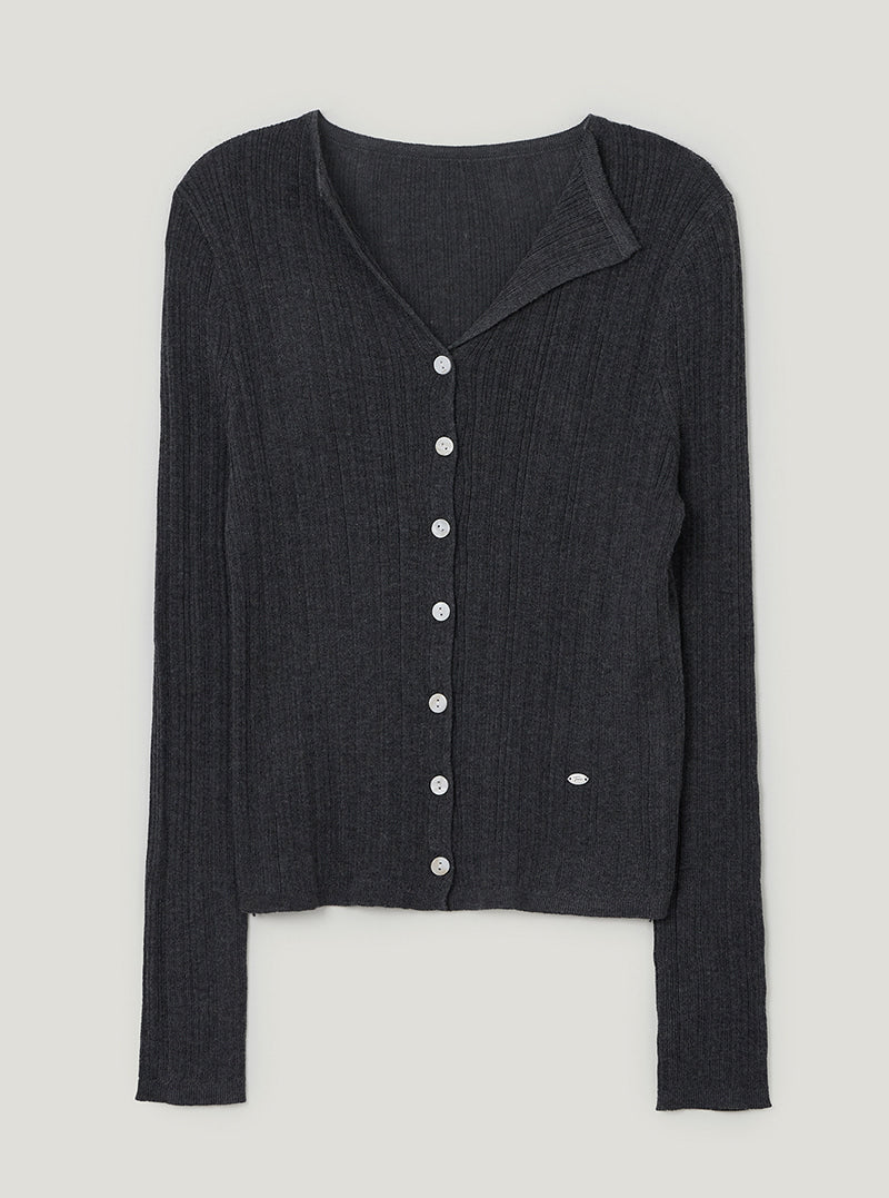 TWEE Rie basic ribbed knit long sleeve cardigan | Charcoal product-only view