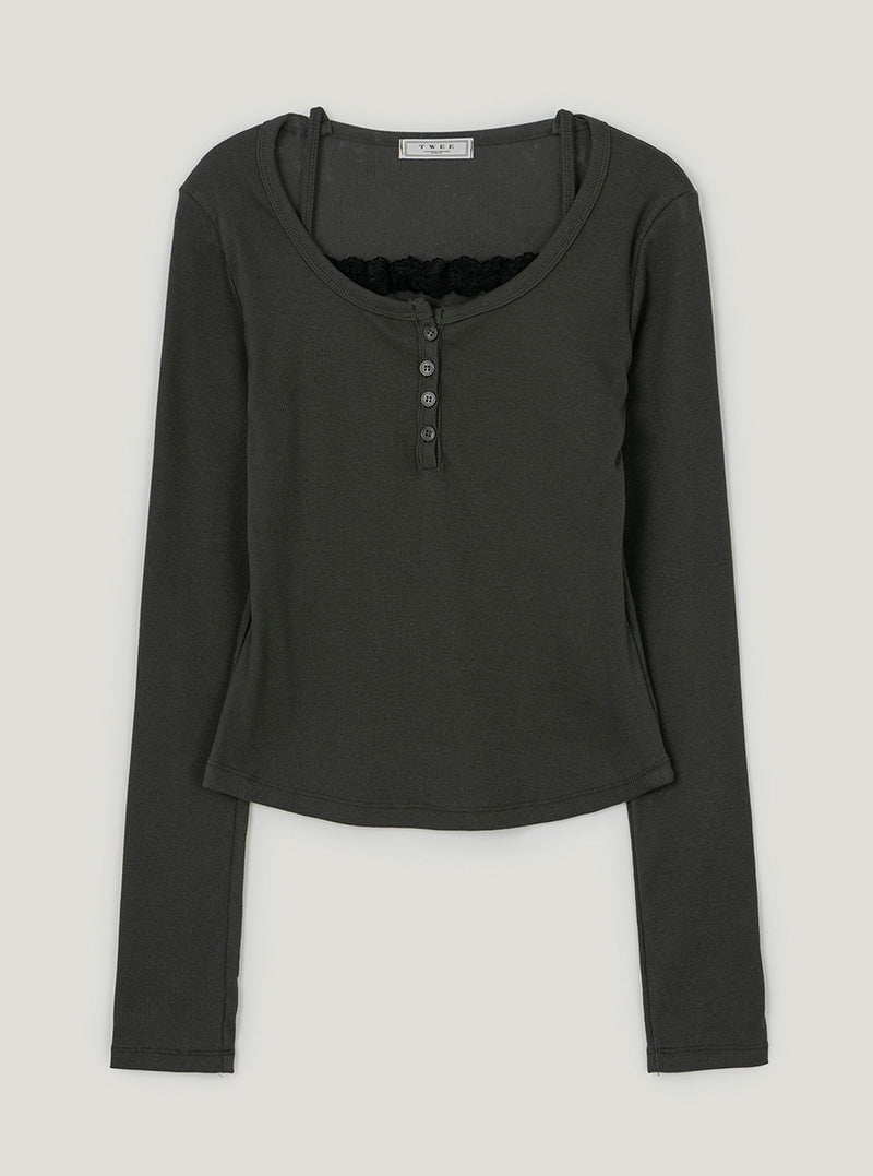 TWEE Martin lace contrast button long sleeve T-shirt | Khaki product-only view