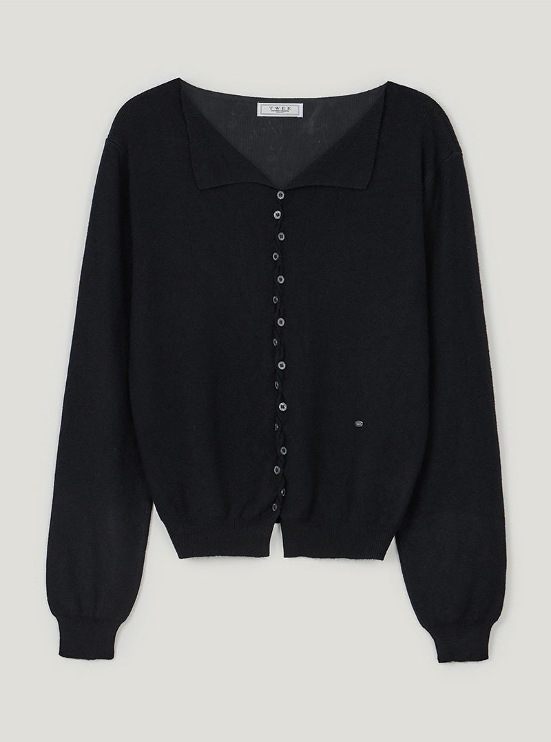 TWEE Korat zigzag button collar knit long sleeve cardigan | Black product-only view