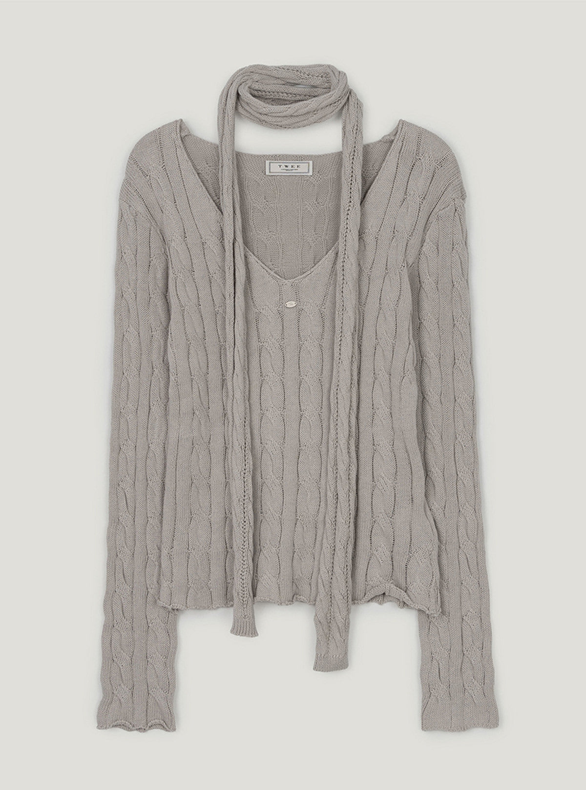 Sion cable V-neck long sleeve knit (muffler set) | Gray cutout
