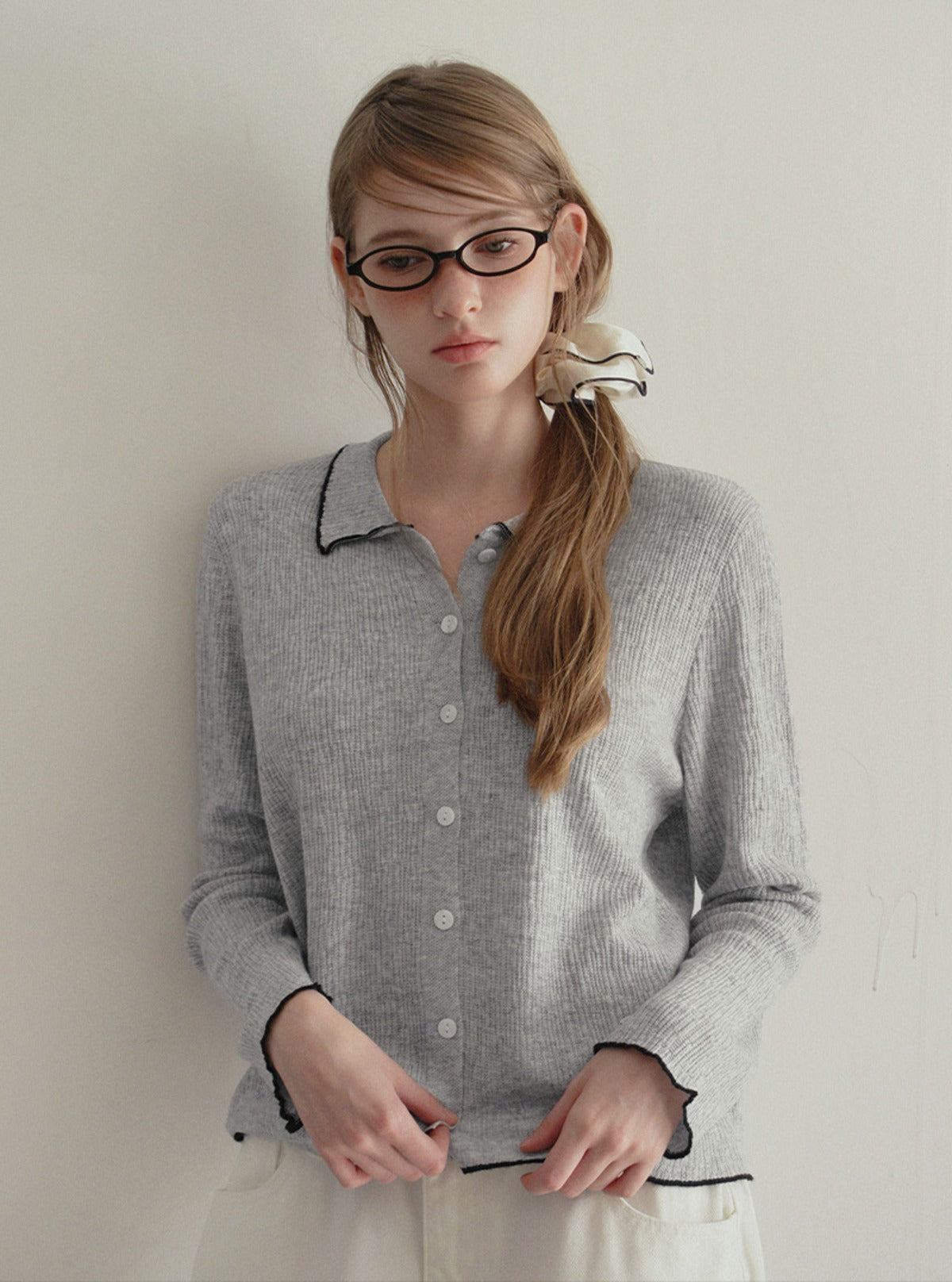 TWEE Hale collar contrast knit long sleeve cardigan | Main product image
