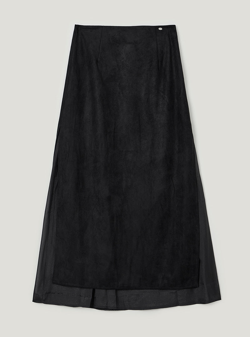 TWEE Benz organza layered suede long skirt | Black product-only view