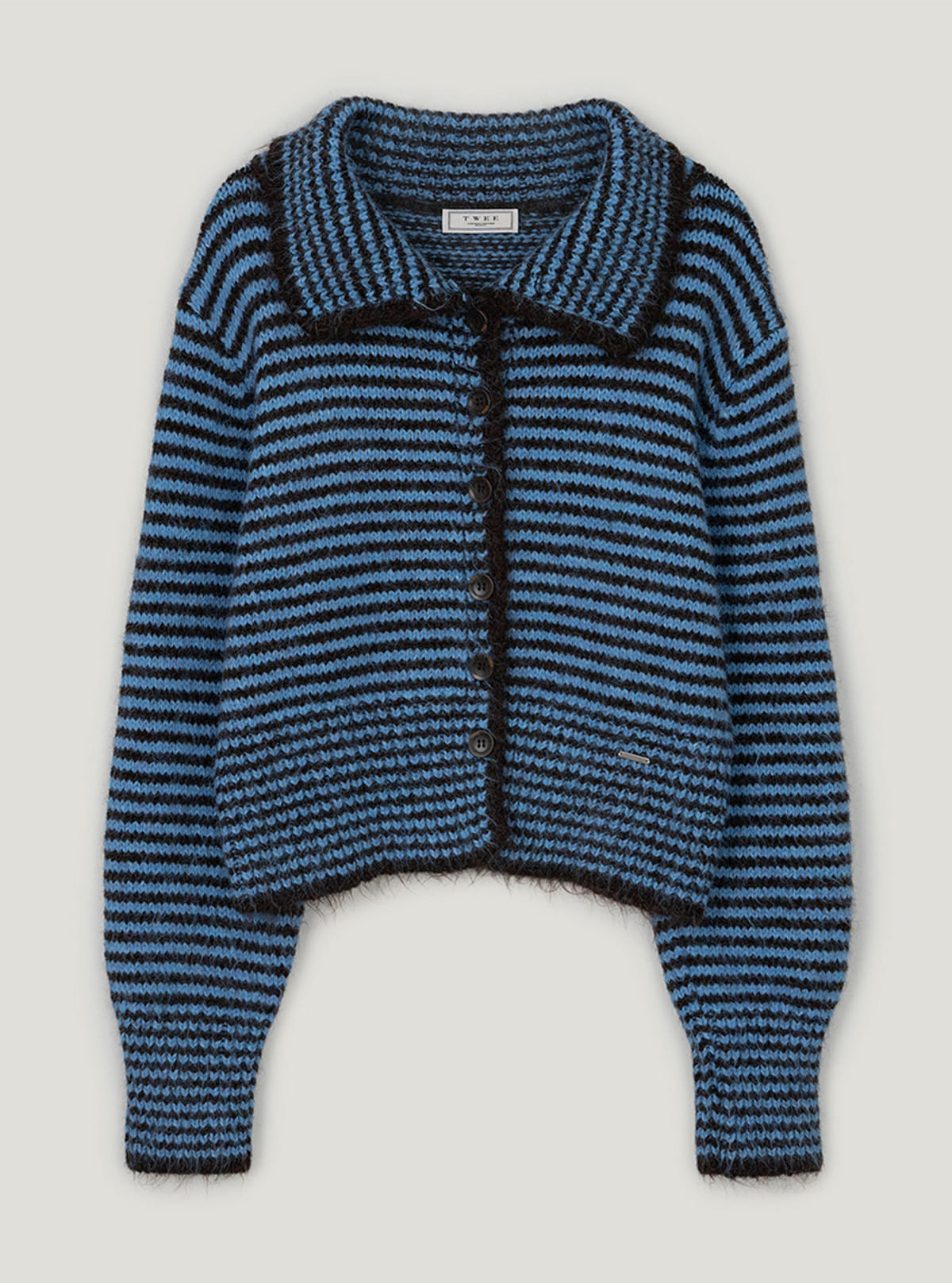 Hisen collar stripe heavyweight long sleeve cardigan | Blue cutout