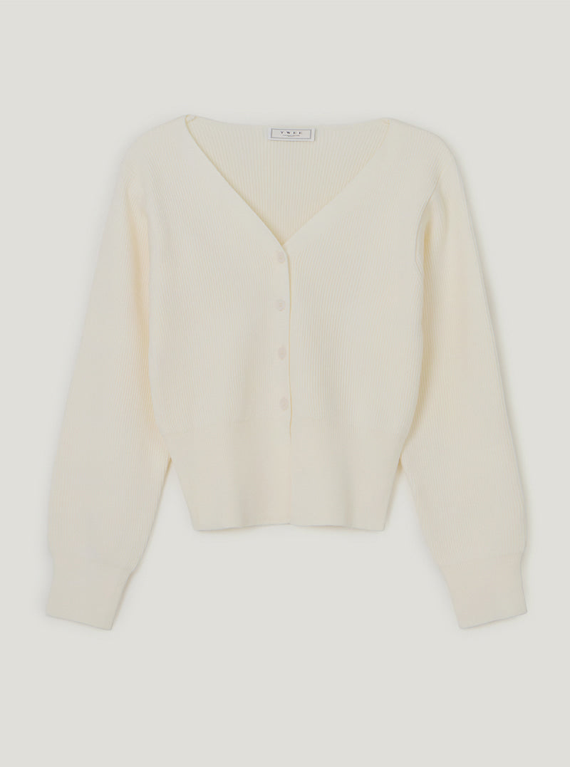 TWEE Coers round/V-neck long sleeve knit cardigan | Ivory/V-Neck product-only view