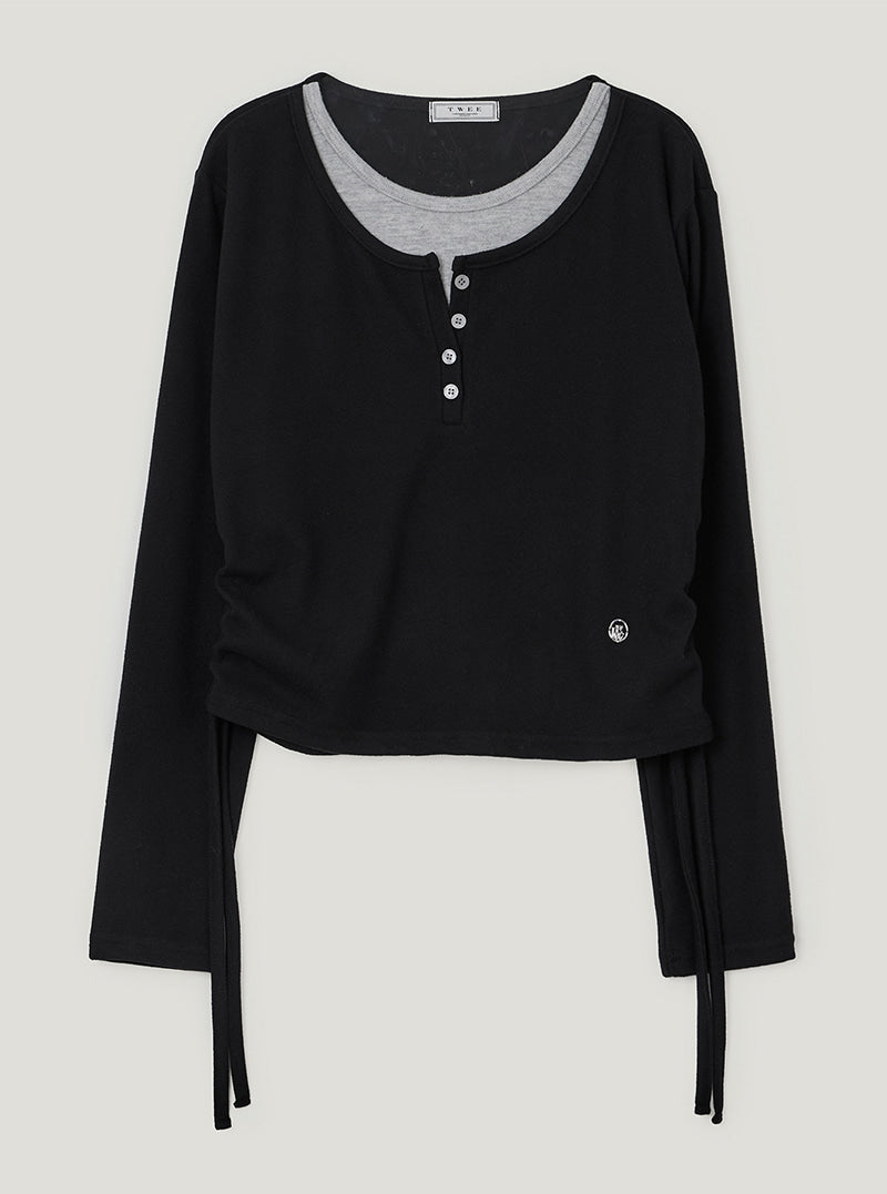 TWEE Epu layered shirring fleece long sleeve T-shirt | Black product-only view