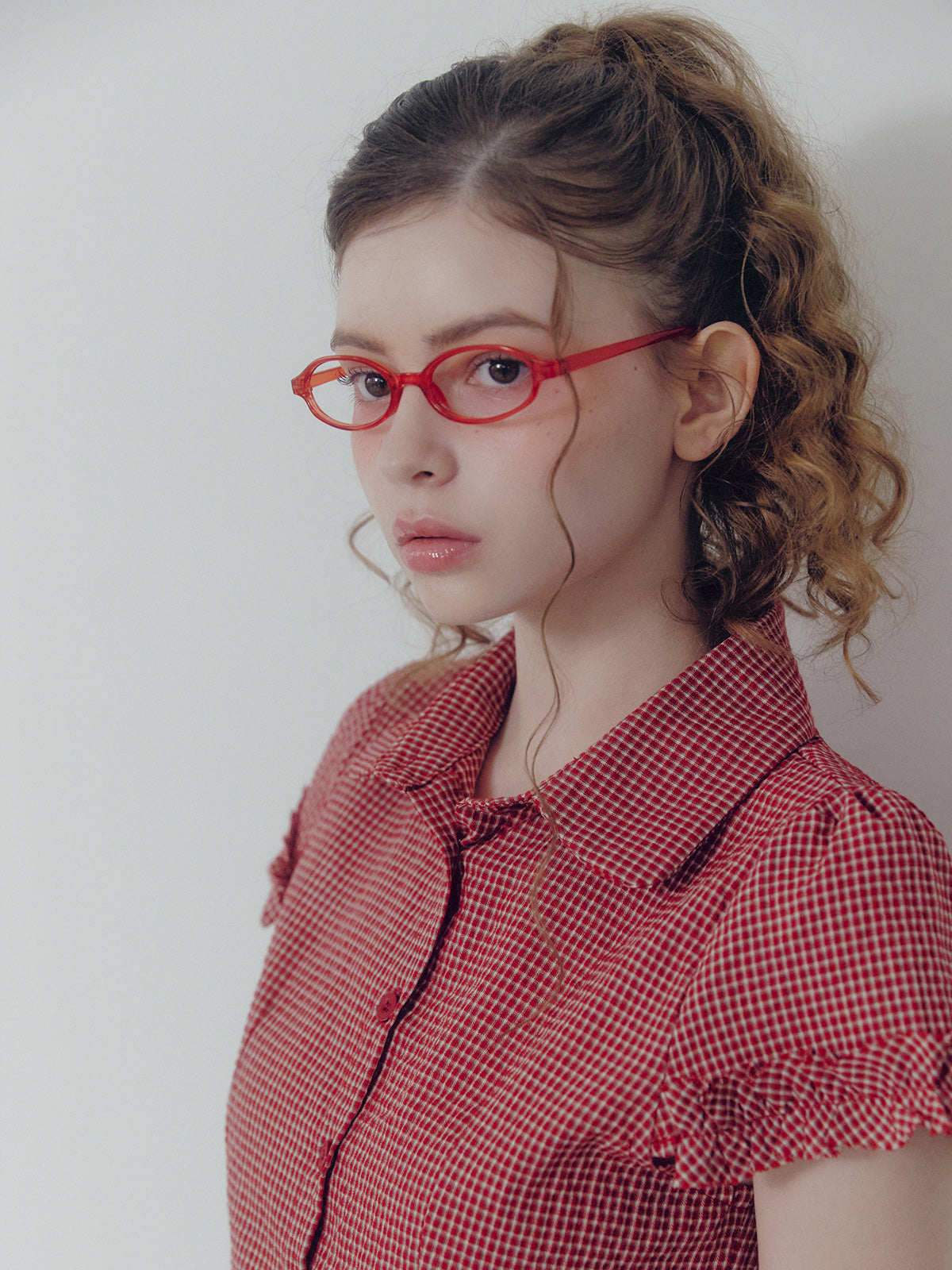 Roel check frill short sleeve blouse