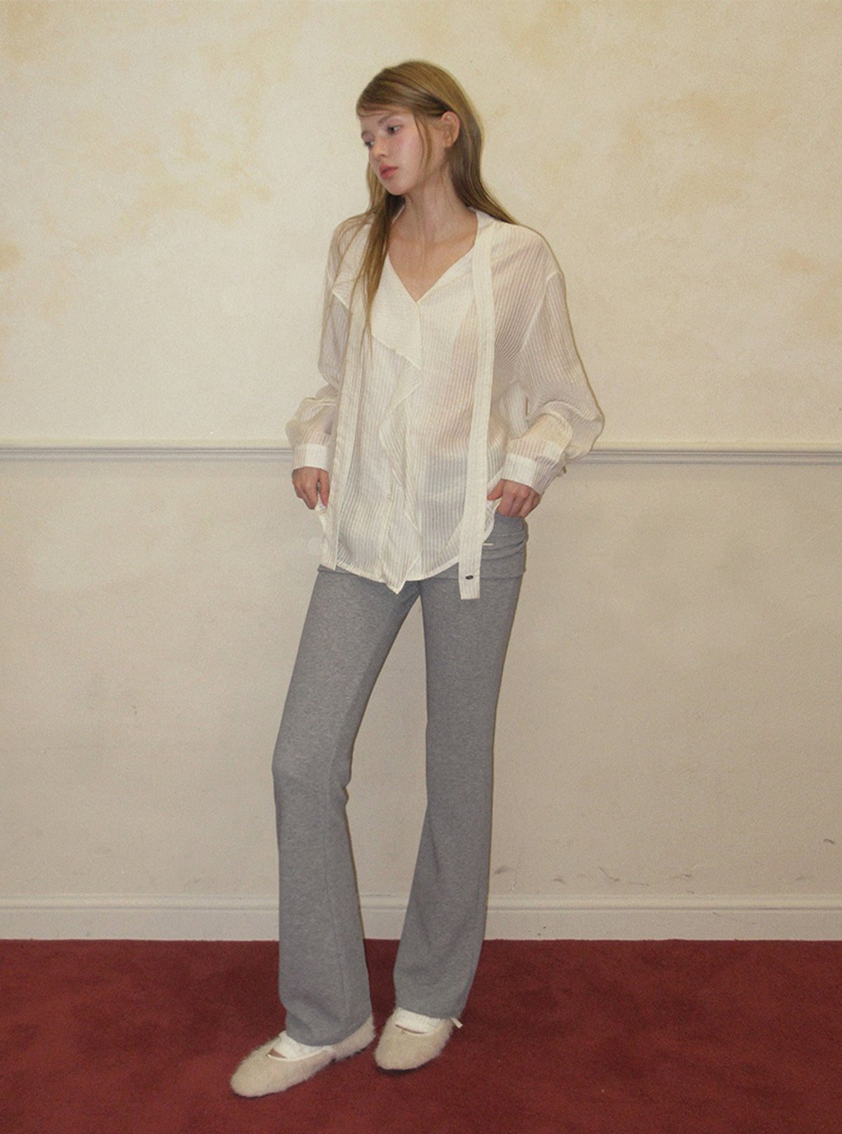 TWEE Kesi frill stripe strap long sleeve blouse | Product styling view 8