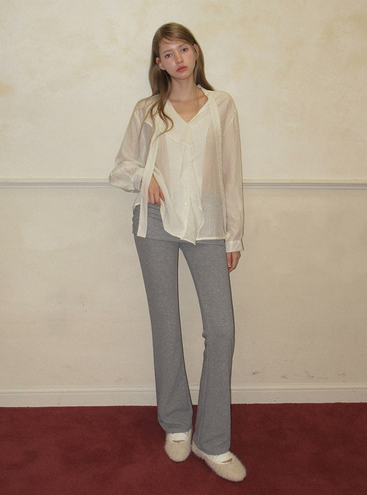 TWEE Kesi frill stripe strap long sleeve blouse | Product styling view 9