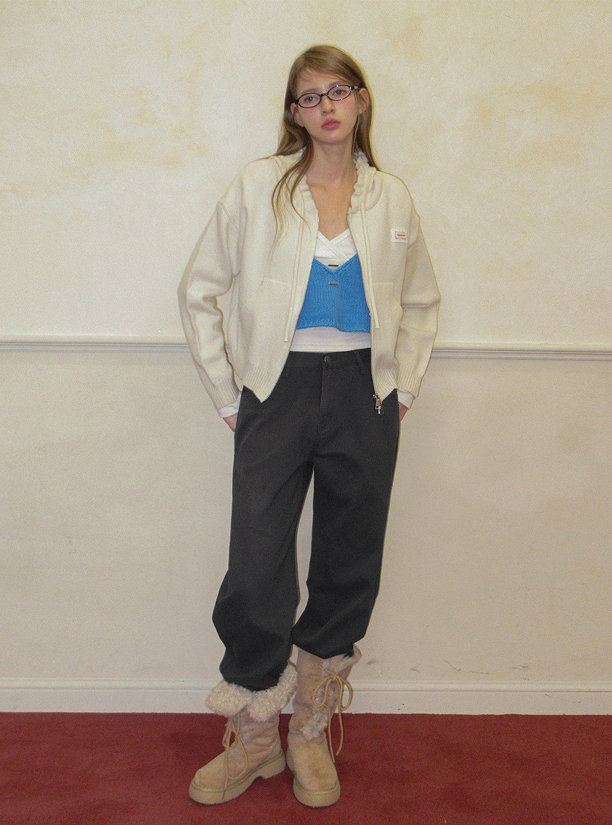 TWEE Berle wave hood long sleeve knit zip-up | Product styling view 7