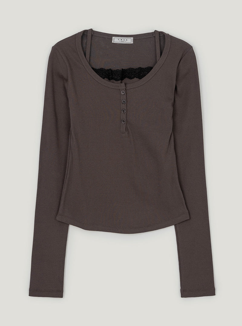 TWEE Martin lace contrast button long sleeve T-shirt | Cocoa product-only view
