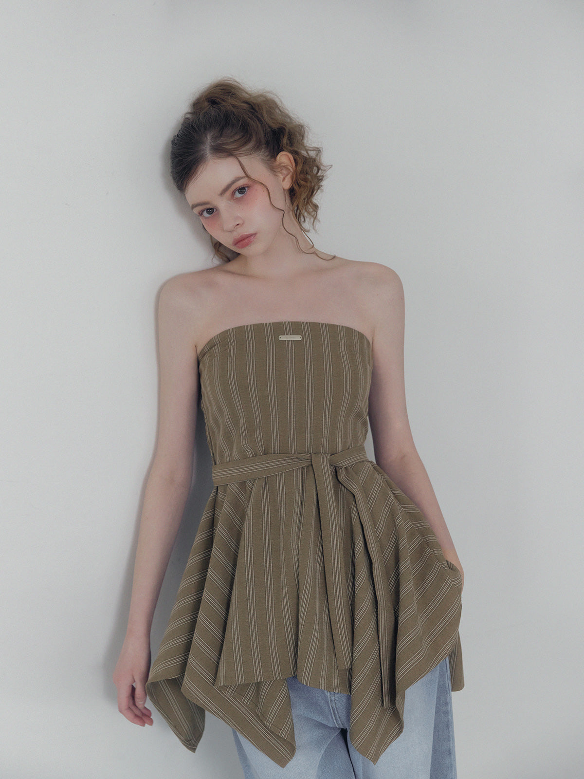 Heichi Stripe Asymmetric Tube Top(Strap Set)