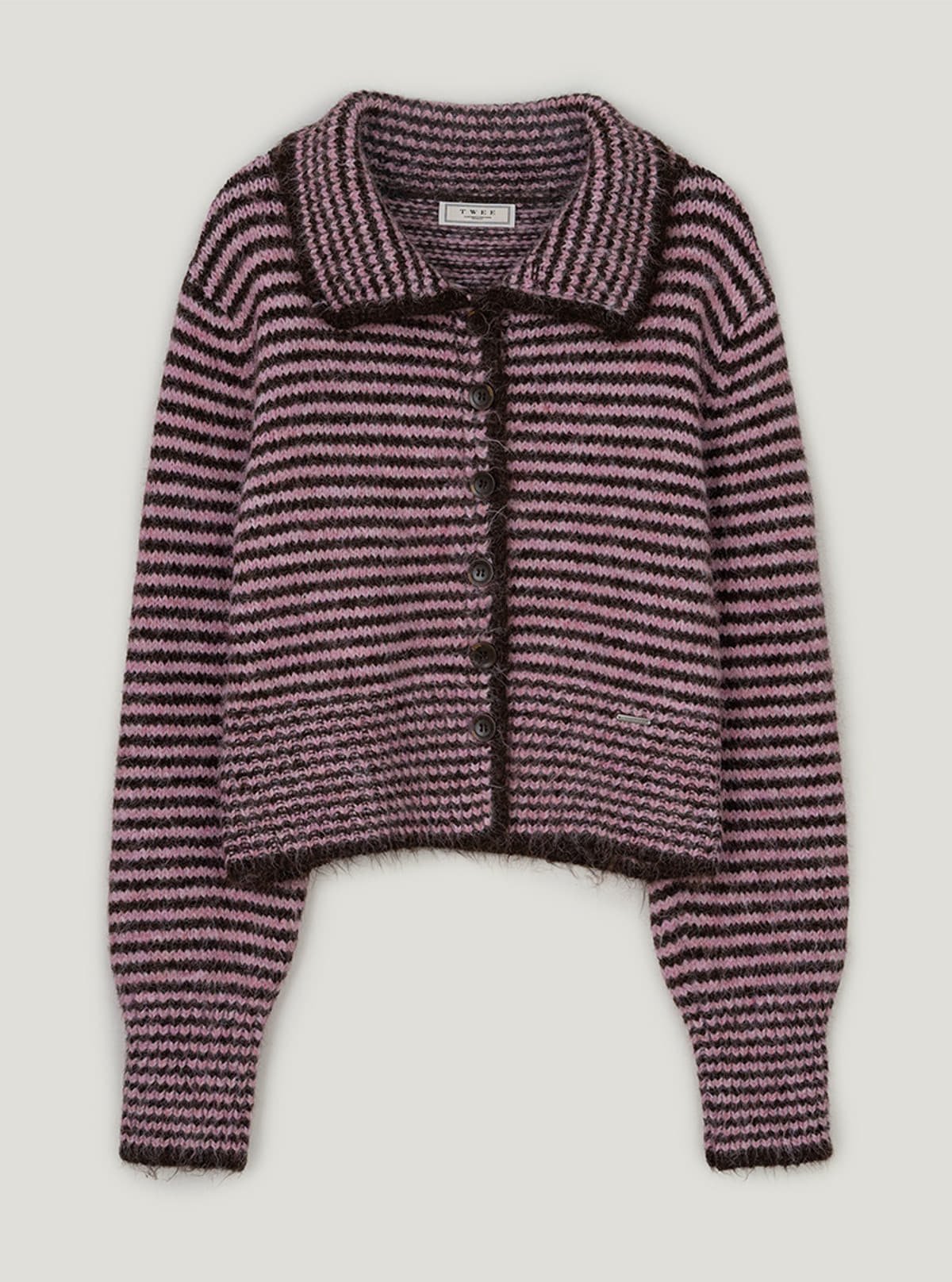 Hisen collar stripe heavyweight long sleeve cardigan | Pink cutout