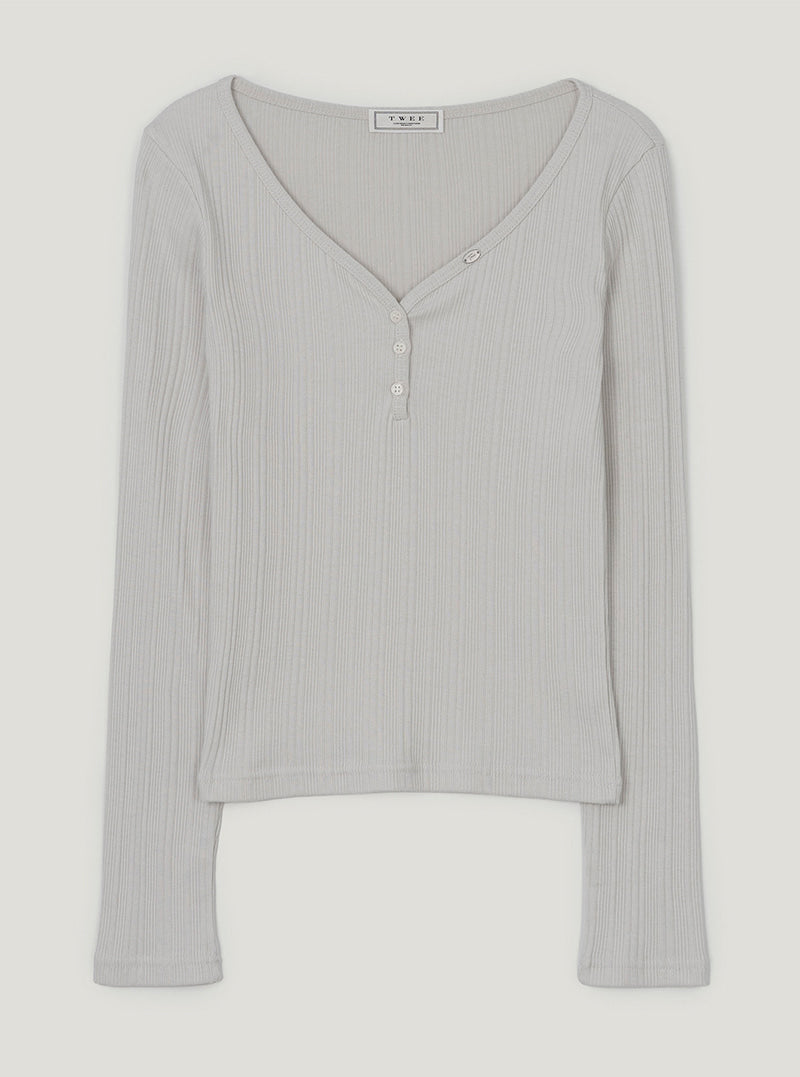 TWEE Enti button V-neck ribbed long sleeve T-shirt | Light gray product-only view
