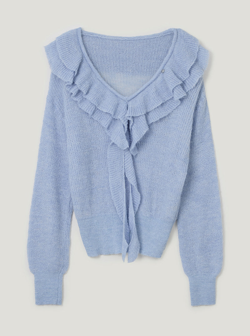 TWEE Torez ruffle V-neck long sleeve knit | Sky blue product-only view