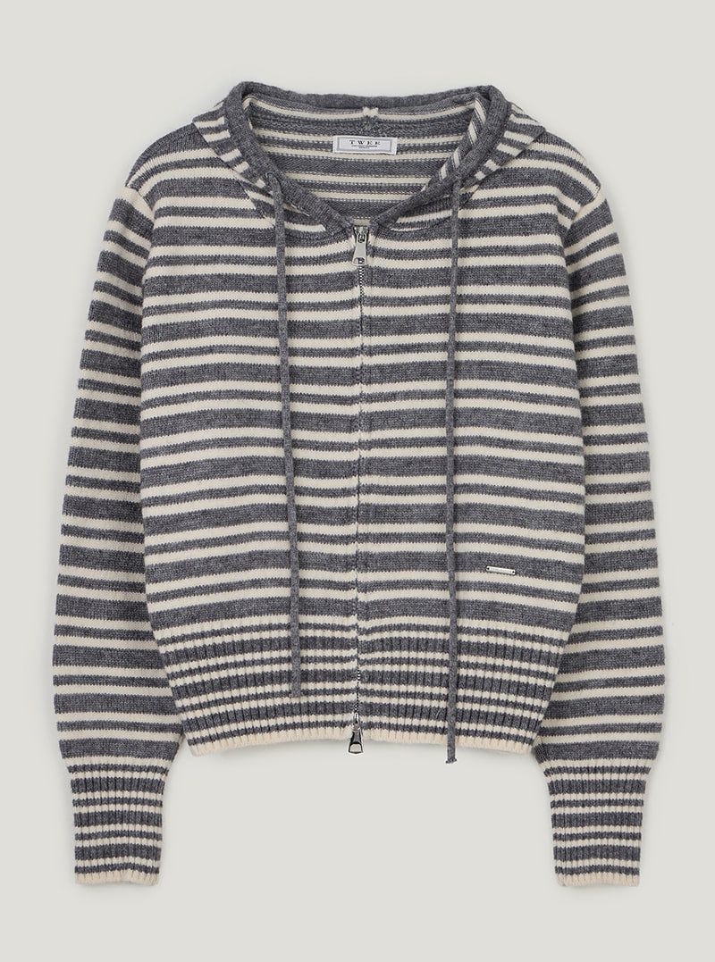 TWEE Error stripe knit hood zip-up | Gray product-only view