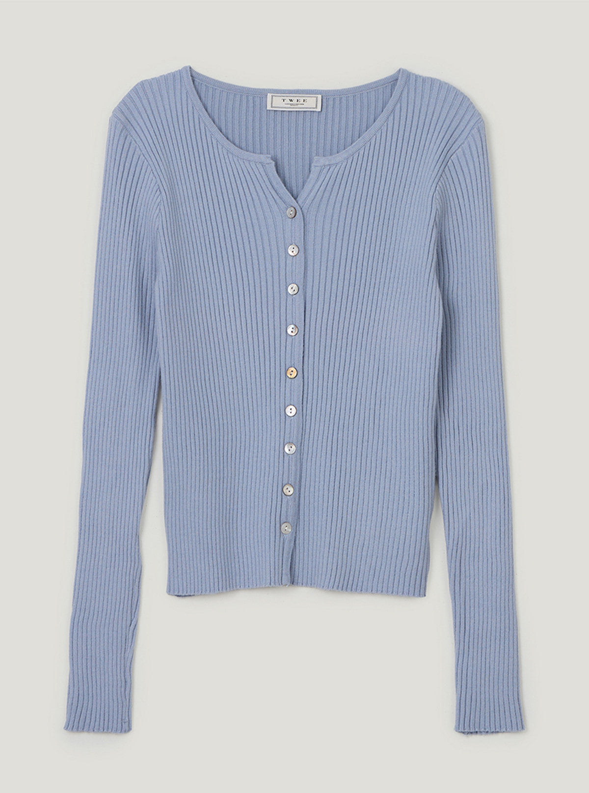 TWEE Elan slim ribbed knit long sleeve cardigan | Sky blue product-only view
