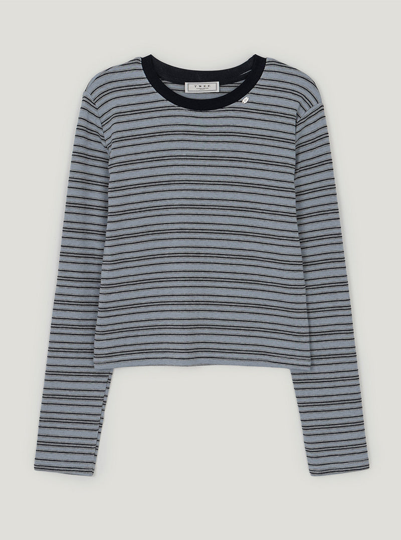 Bizen stripe semi-cropped long sleeve T-shirt | Sky blue cutout