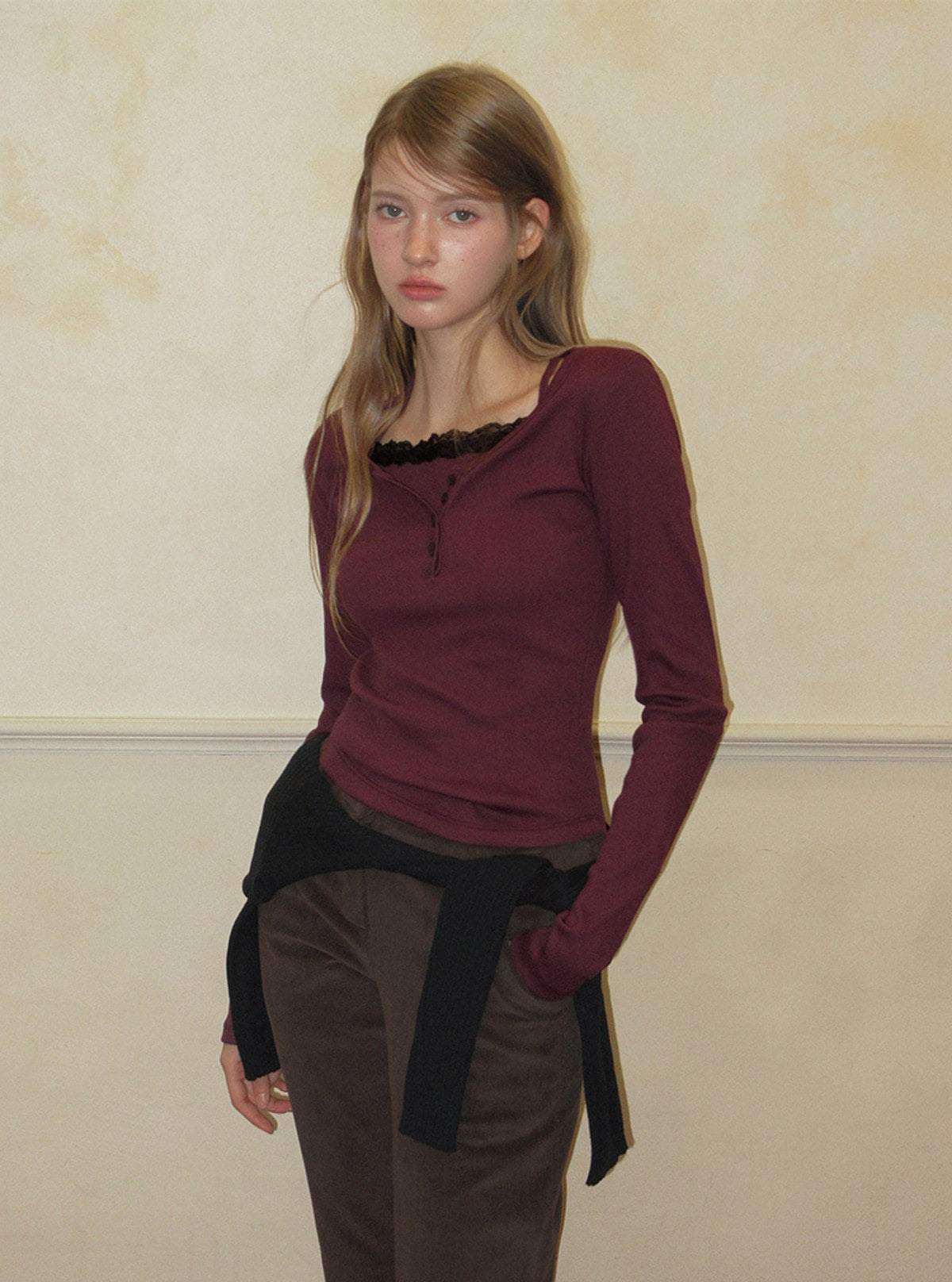 TWEE Martin lace contrast button long sleeve T-shirt | Product styling view 9