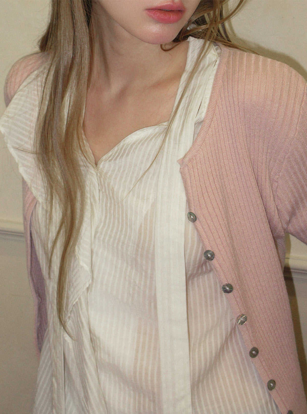 TWEE Elan slim ribbed knit long sleeve cardigan | Product styling view 5