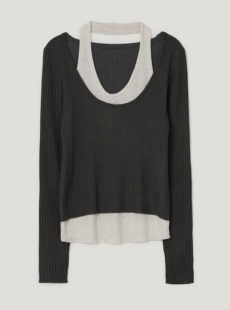 TWEE Kellon halter layered long sleeve knit | Charcoal product-only view