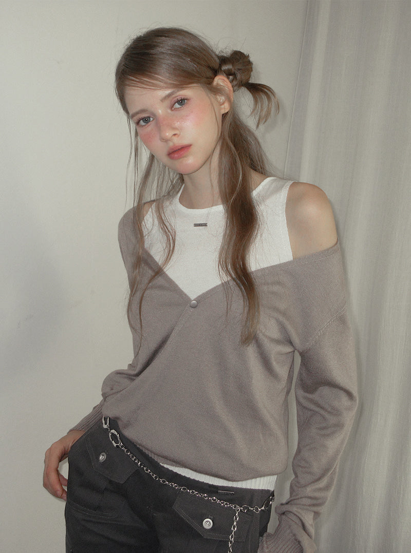 TWEE Koen deep V-neck wrap layered long sleeve knit | Product styling view 3
