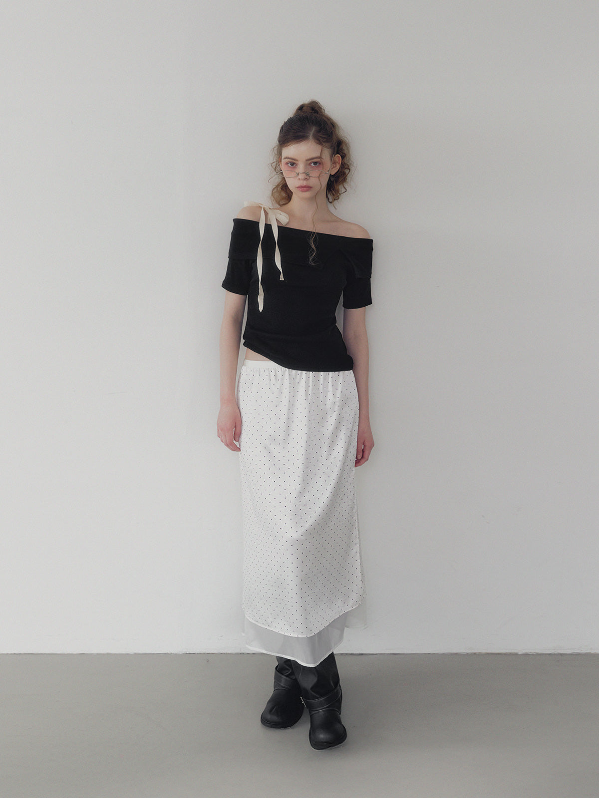 Purd dot layered banding long skirt