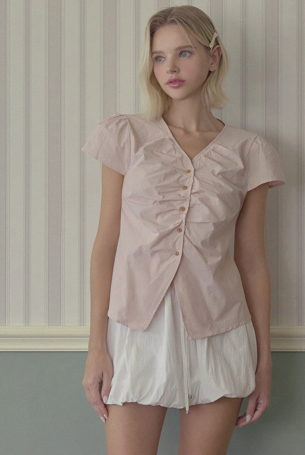 Witty Button Shirring Blouse