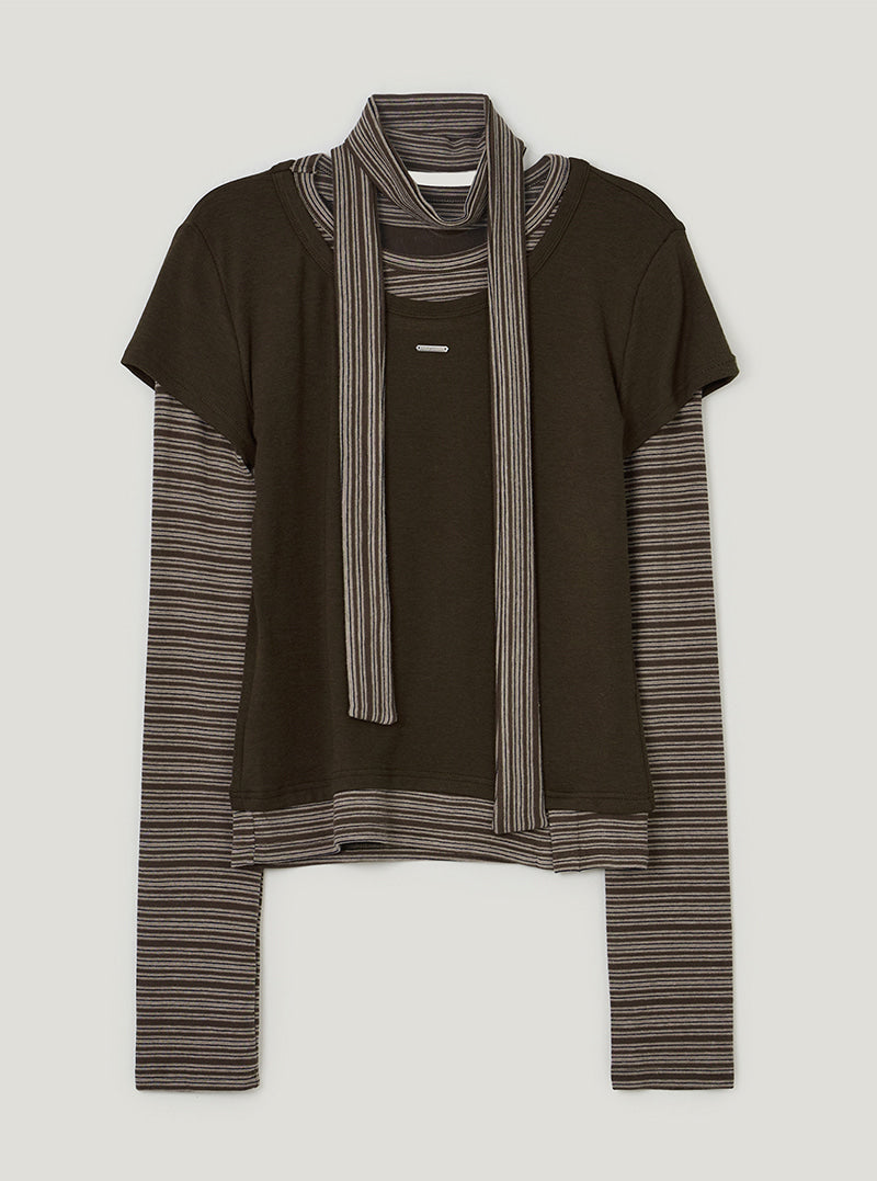 TWEE Solen stripe layered long sleeve T-shirt (strap set) | Brown product-only view
