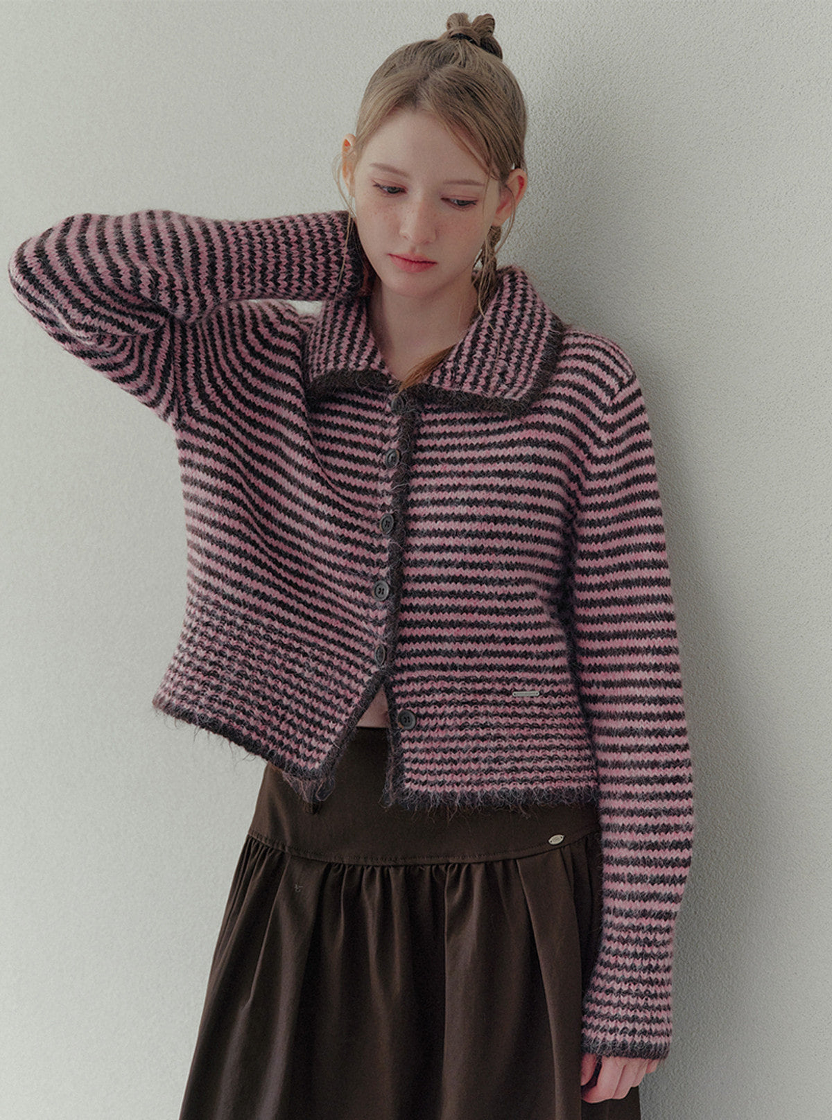 Hisen collar stripe heavyweight long sleeve cardigan | View 3